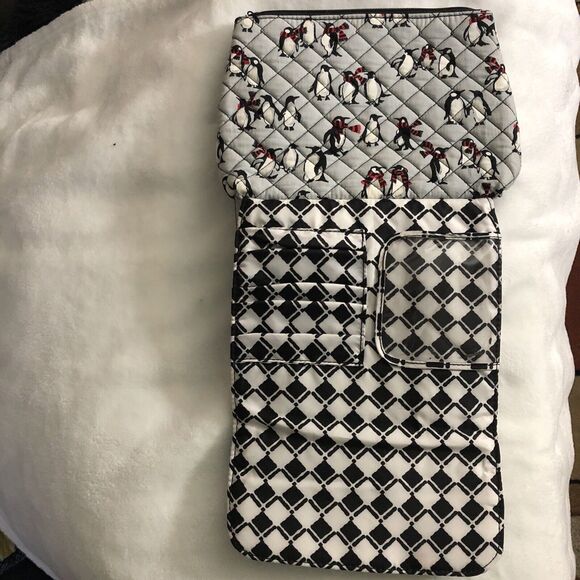 VERA BRADLEY Penguins Brush and Cosmetic Case Playful Penguins Gray Red Black - Picture 4 of 7